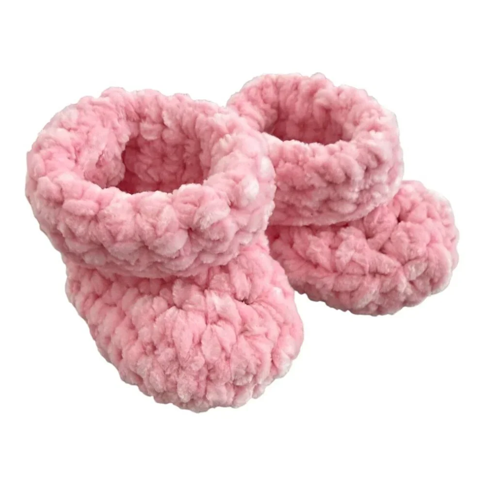 Handmade Pink Chenille Newborn Baby Hoodie & Booties Set Bear Ears Soft Plush - Picture 14 of 16